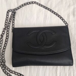 Authentic Chanel Black Lambskin Wallet On Silver Chain Vintage